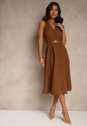 Brązowa Rozkloszowana Sukienka z Guzikami Folunira. Brązowe sukienki Renee, na lato, m, bez wzorów, eleganckie, bez kołnierzyka, bez ramiączek, midi, rozkloszowane. Za 89.99 zł.