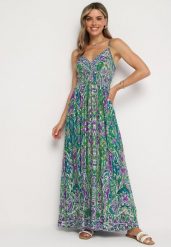 Zielono-Granatowa Wiskozowa Sukienka w Stylu Boho na Regulowanych Ramiączkach z Dekoltem w Serek Xalflea. Zielone sukienki Born2be, na co dzień, na lato, l, bez wzorów, z jeansu, boho, bez kołnierzyka, bez ramiączek, maxi. Za 89.99 zł.