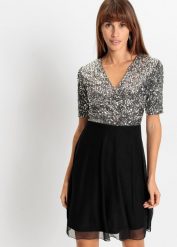 Sukienka mini z cekinami. Szare sukienki bonprix, bez wzorów, bez kołnierzyka, bez ramiączek, mini. Za 199.99 zł.