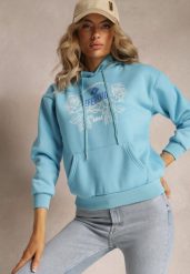 Jasnoniebieska Modna Bluza z Nadrukiem i Kapturem Ozdobiona Nadrukiem Arinalu. Niebieskie bluzy Renee, l, bez wzorów, z polaru. Za 79.99 zł.