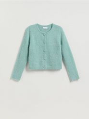 Kardigan z wełną alpaki - jasnoturkusowy. Niebieskie kardigany Reserved, l, bez wzorów, z dzianiny. Za 259.99 zł.