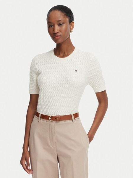 Tommy Hilfiger Sweter Cable Fine WW0WW41787 Kremowy Regular Fit. Białe swetry TOMMY HILFIGER, xs, bez wzorów, z bawełny, bez ramiączek. Za 417.99 zł.