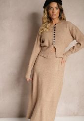 Ciemnobeżowy Komplet z Dzianiny z Wełną Kardigan z Guzikami i Spódnica z Gumką w Talii Melzina. Brązowe kardigany Renee, bez wzorów, z dzianiny. Za 139.99 zł.