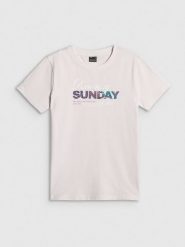 4F T-shirt regular z nadrukiem damski - biały XS. Białe t-shirty 4f, xs, bez wzorów, z bawełny, bez kołnierzyka, bez ramiączek. Za 59.99 zł.