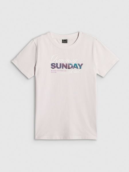 4F T-shirt regular z nadrukiem damski - biały XS. Białe t-shirty 4f, xs, bez wzorów, z bawełny, bez kołnierzyka, bez ramiączek. W wyprzedaży za 39.99 zł.