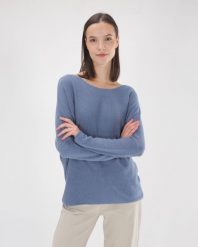 Melanżowa niebieska bluzka. Niebieskie bluzki Unisono, l, bez wzorów, z tkaniny, bez kołnierzyka, bez ramiączek. Za 129.00 zł.