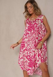 Fuksjowa Sukienka z Bawełny z Motywem Paisley Zivanae. Czerwone sukienki Renee, na co dzień, na lato, l, bez wzorów, z bawełny, eleganckie, bez kołnierzyka, bez ramiączek, midi, proste. Za 49.99 zł.