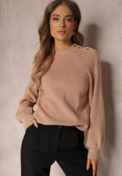 Beżowy Sweter Dzianinowy z Długim Rękawem i Guzikami Kithi. Brązowe swetry Renee, bez wzorów, z dzianiny, bez ramiączek. Za 129.99 zł.