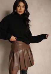 Brązowa Spódnica z Imitacji Skóry o Rozkloszowanym Kroju z Ozdobnym Paskiem Helezi. Brązowe spódnice Renee, na co dzień, l, bez wzorów, ze skóry, eleganckie, mini, koszulowe. Za 129.99 zł.