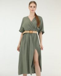 MUŚLINOWA SUKIENKA MIDI 96-22301 KHAKI. Brązowe sukienki Unisono, bez wzorów, z bawełny, bez kołnierzyka, bez ramiączek, midi. Za 149.00 zł.