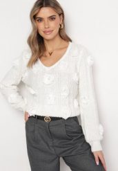 Biały Sweter z Wełną Ozdobiony Różami z Cyrkoniami Anires. Białe swetry Born2be, z aplikacjami, z wełny, bez ramiączek. Za 169.99 zł.