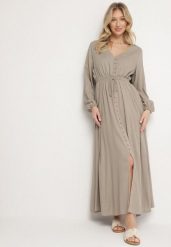 Beżowa Rozkloszowana Sukienka z Lnem i Wiskozą Zdobiona Guzikami Maitiella. Brązowe sukienki Born2be, na co dzień, na lato, l, z aplikacjami, z wiskozy, eleganckie, bez kołnierzyka, bez ramiączek, maxi, kopertowe. Za 159.99 zł.