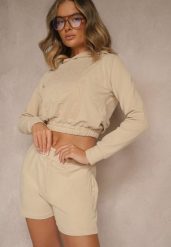 Beżowy Komplet z Bawełny w Sportowym Stylu Bluza z Kapturem i Szorty Izurea. Brązowe bluzy Renee, na lato, bez wzorów, z bawełny, z kapturem. Za 99.99 zł.