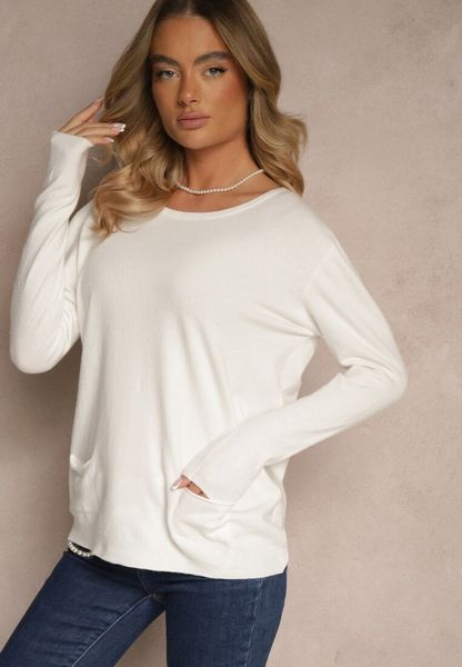 Biały Sweter z Kaszmirem Ozdobiony Kieszeniami Saniswena. Białe swetry Renee, uniwersalny, bez wzorów, z kaszmiru, bez ramiączek. Za 99.99 zł.