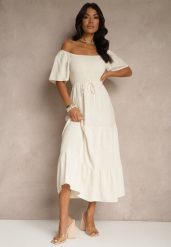 Jasnobeżowa Wiskozowa Sukienka z Lnem o Rozkloszowanym Kroju Koloreia. Brązowe sukienki Renee, na co dzień, na lato, m, bez wzorów, z wiskozy, eleganckie, bez kołnierzyka, bez ramiączek, midi, rozkloszowane. Za 89.99 zł.