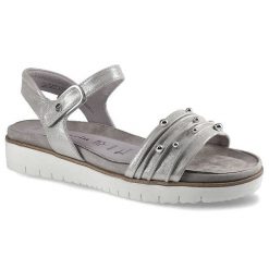 Srebrne Sandały Tamaris Damskie Modne Buty. Szare sandały Tamaris, z aplikacjami, ze skóry, bez obcasa, na obcasie, bez zapięcia. Za 199.00 zł.