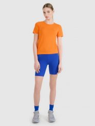 4F Legginsy kolarki do biegania szybkoschnące damskie - niebieskie L. Niebieskie legginsy 4f, l, bez wzorów, z dzianiny, z podwyższonym stanem, krótkie. W wyprzedaży za 79.99 zł.
