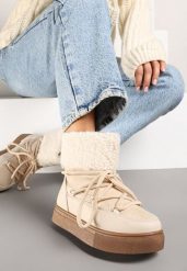 Beżowe Śniegowce Futerkowe na Platformie ze Sznurowaną Cholewką Izalithia. Brązowe trapery i śniegowce Renee, z futra. Za 99.99 zł.