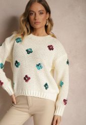 Jasnobeżowy Sweter z Wiskozą Zdobiony Cekinowymi Aplikacjami z Kwiatami Edalora. Brązowe swetry Renee, l, z aplikacjami, z jeansu, bez ramiączek. Za 84.99 zł.