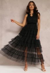 Czarna Sukienka Koktajlowa z Koronkową Górą i Rozkloszowanym Tiulowym Dołem Venisa. Czarne sukienki Renee, na imprezę, s, bez wzorów, z koronki, eleganckie, bez kołnierzyka, bez ramiączek, maxi, rozkloszowane. Za 169.99 zł.