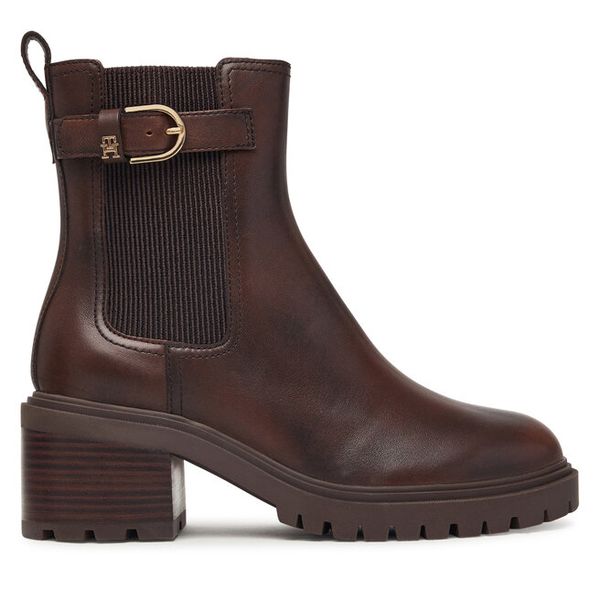 Botki Tommy Hilfiger. Brązowe botki TOMMY HILFIGER, bez wzorów, bez obcasa, na słupku, bez zapięcia. Za 699.99 zł.