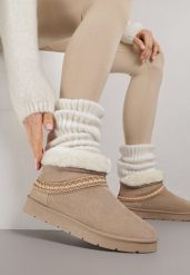 Ciemnobeżowe Wsuwane Śniegowce z Imitacji Zamszu Zdobione Haftem i Futerkiem Zetesse. Brązowe trapery i śniegowce Born2be, z jeansu. Za 99.99 zł.