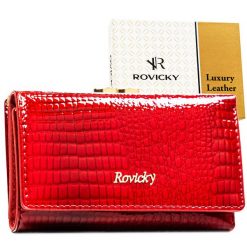 Średni portfel damski ze skóry naturalnej w czerwonym kolorze zamykany na bigiel i zatrzask RH-23-1-RS Rovicky. Czerwone portfele ROVICKY, bez wzorów, z lakierowanej skóry. Za 99.00 zł.