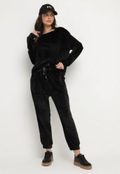 Czarny Welurowy Komplet Dresowy Bluza i Spodnie Typu Jogger Lisilwena. Czarne bluzy Born2be, l, bez wzorów, z dresówki, bez kaptura. Za 89.99 zł.