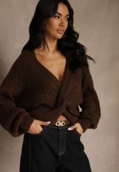 Brązowy Oversizowy Sweter z Dodatkiem Wełny Zdobiony Węzłem Lawedana. Brązowe swetry Renee, l, z aplikacjami, z wełny, bez ramiączek. Za 139.99 zł.