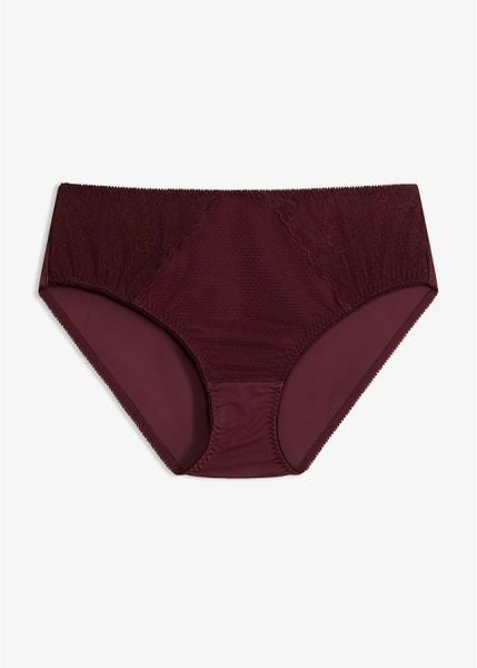 Figi maxi z koronką w graficzny wzór. Fioletowe figi bonprix, bez wzorów, z koronki. Za 39.99 zł.