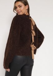 Brązowy Kardigan z Wełną i Bufiastymi Rękawami Wiązany na Plecach Tuseleia. Brązowe kardigany Born2be, l, bez wzorów, z jeansu. Za 149.99 zł.
