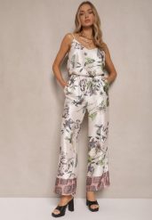 Beżowe Spodnie z Wiskozą o Szerokim Kroju High Waist w Kwiaty Davilsa. Brązowe spodnie materiałowe Renee, na co dzień, l, bez wzorów, z jeansu, z podwyższonym stanem. Za 89.99 zł.