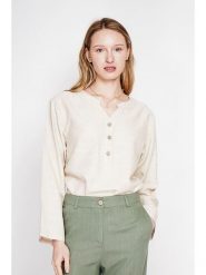 Le Jardin du Lin Lniana bluzka w kolorze kremowym rozmiar: 40. Brązowe bluzki Le jardin du lin, bez wzorów, ze lnu, bez kołnierzyka, bez ramiączek. Za 130.99 zł.
