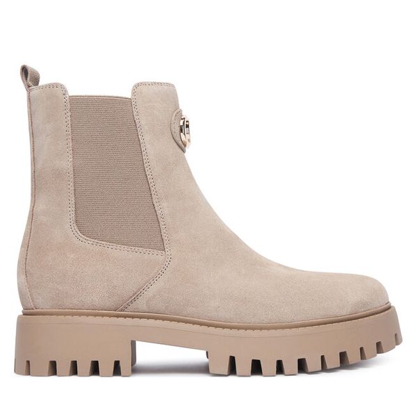 Sztyblety Guess. Brązowe botki Guess, z aplikacjami, bez obcasa, na płaskiej podeszwie, bez zapięcia. Za 674.99 zł.