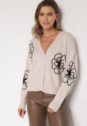 Beżowy Kardigan na Guziki w Haftowane Kwiaty Tustara. Brązowe kardigany Born2be, l, bez wzorów, z jeansu. Za 79.99 zł.