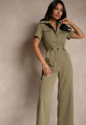 Ciemnozielony Kombinezon Wide Leg z Kołnierzykiem Suwakiem i Krótkim Rękawem Jenaralitia. Zielone sukienki Renee, na co dzień, m, bez wzorów, eleganckie, bez kołnierzyka, bez ramiączek, mini, kopertowe. Za 139.99 zł.