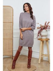 So Cachemire Sukienka dzianinowa "Major" w kolorze szarobrązowym rozmiar: L. Brązowe sukienki So Cachemire, na co dzień, l, bez wzorów, z dzianiny, bez kołnierzyka, bez ramiączek, midi, proste. Za 201.08 zł.