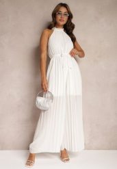 Biały Kombinezon z Dekoltem Typu Halter i Gumką w Talii Zolefia. Białe sukienki Renee, bez wzorów, eleganckie, bez kołnierzyka, bez ramiączek. Za 74.99 zł.