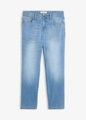 Jeansy straight, mid waist, cropped. Niebieskie jeansy bonprix, bez wzorów. Za 79.99 zł.