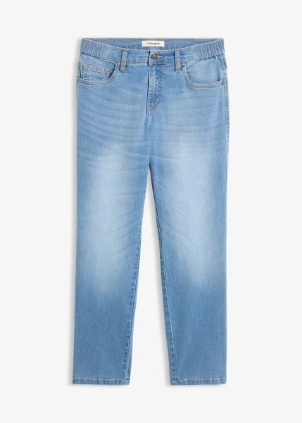 Jeansy straight, mid waist, cropped. Niebieskie jeansy bonprix, bez wzorów. Za 79.99 zł.