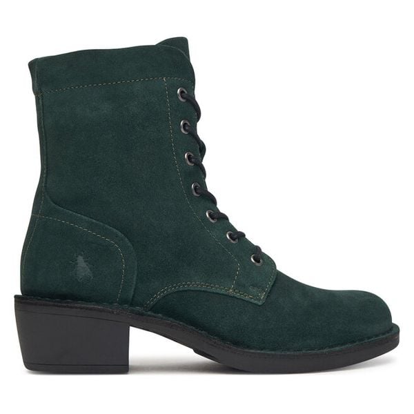 Botki Fly London. Zielone botki Fly London, bez wzorów, bez obcasa, na słupku, bez zapięcia. Za 749.99 zł.