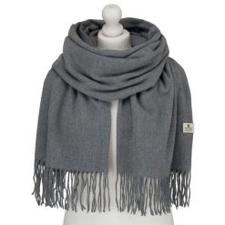 Szary, elegancki szalik damski z poliestru z frędzlami - Peterson. Szare szaliki Peterson, na jesień, bez wzorów, eleganckie. Za 54.99 zł.
