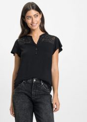 T-shirt z dekoltem henley z mieszanki wiskozy. Czarne t-shirty bonprix, bez wzorów, z koronki, bez kołnierzyka, bez ramiączek. Za 62.99 zł.