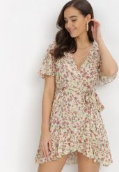 Żółto-Beżowa Sukienka Kimocine. Żółte sukienki Born2be, m, bez wzorów, z tkaniny, bez kołnierzyka, bez ramiączek, mini, kopertowe. Za 29.99 zł.
