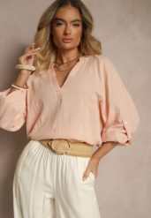 Beżowa Bluzka z Bawełny z Dekoltem w Kształcie Litery V i Kwiatowym Haftem Lisorella. Brązowe bluzki Renee, l, bez wzorów, z bawełny, eleganckie, bez kołnierzyka, bez ramiączek. W wyprzedaży za 59.49 zł.