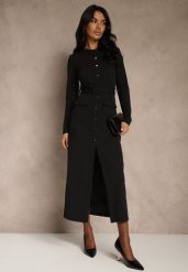 Czarna Koszulowa Sukienka z Wiskozą Ozdobiona Paskiem i Guzikami Vetionna. Czarne sukienki Renee, na co dzień, l, bez wzorów, z wiskozy, eleganckie, bez kołnierzyka, bez ramiączek, maxi, koszulowe. Za 169.99 zł.