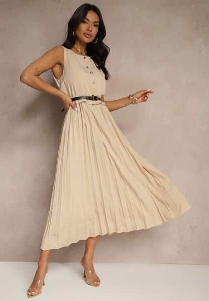 Ciemnobeżowa Plisowana Sukienka o Rozkloszowanym Kroju Bez Rękawów z Paskiem z Klamrą Iffule. Brązowe sukienki Renee, na spotkanie biznesowe, m, bez wzorów, eleganckie, bez kołnierzyka, bez ramiączek, maxi, rozkloszowane. Za 139.99 zł.