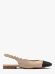 Beżowe baleriny typu slingback z czarnym noskiem. Brązowe baleriny Ryłko, bez wzorów, z gumy, z okrągłym noskiem, bez obcasa, na płaskiej podeszwie. W wyprzedaży za 229.99 zł.