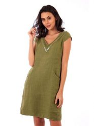 Lin Passion Lniana sukienka w kolorze khaki rozmiar: 38/40. Brązowe sukienki Lin Passion, z aplikacjami, klasyczne, bez kołnierzyka, bez ramiączek, midi, rozkloszowane. Za 130.99 zł.