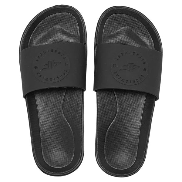 Klapki damskie 4F 4FWSS25FSLIF018. Czarne klapki 4f, bez wzorów, z materiału, bez obcasa. Za 69.99 zł.